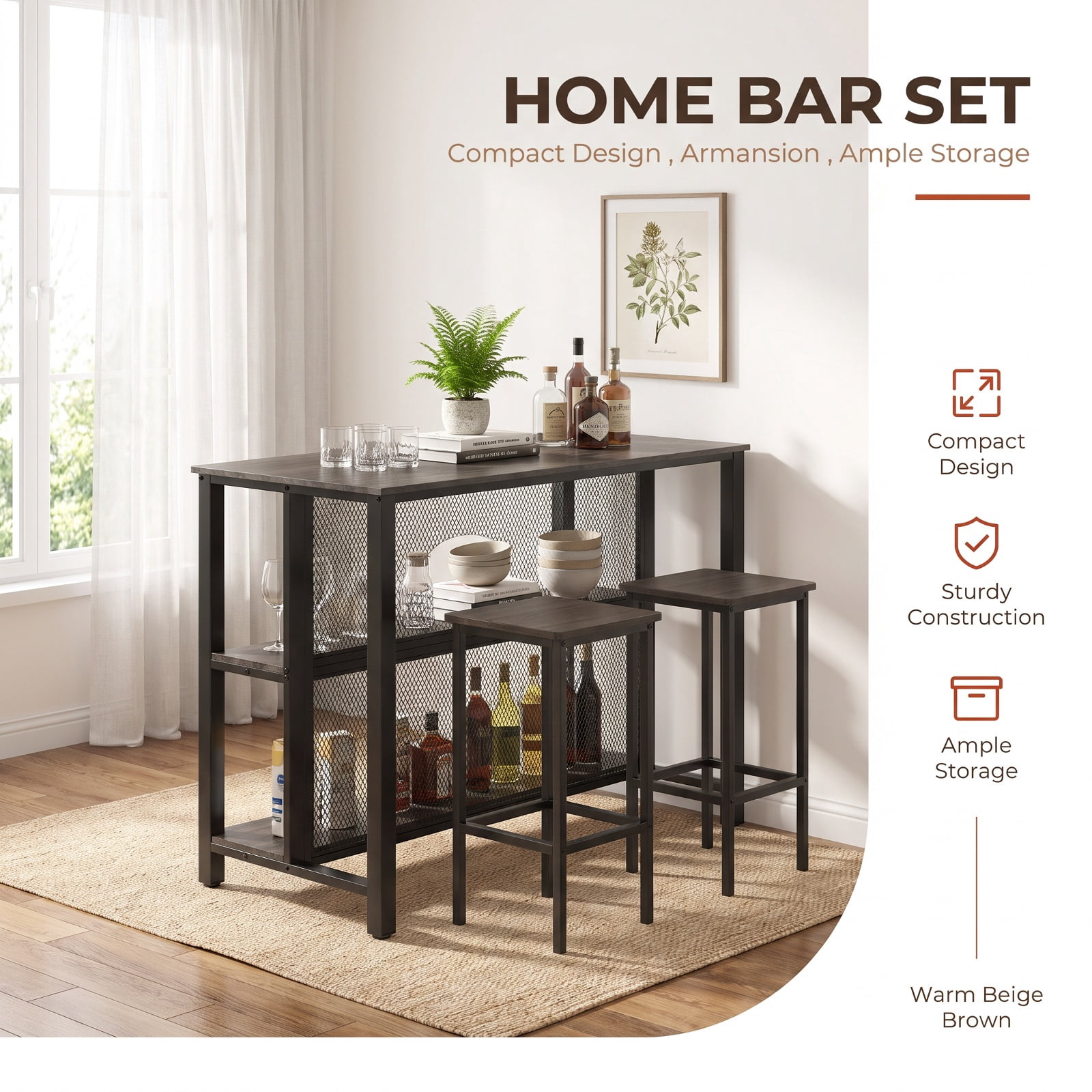 Furnibear 36 Inch 3-Tier Bar Table with Storage Metal Frame Adjustable Foot Pads for Dining Room for Kitchen Dining Bar Bistro Pub Home Counter, Gray