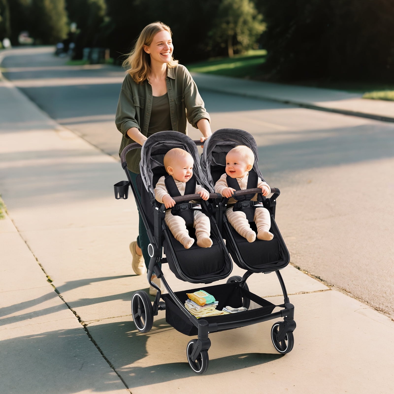 Roromall Side by Side Double Stroller for Twins, Adjustable Compact Folding Baby Travel Stroller with High Landscape Seat, Lightweight Canopy & Recline for Infant and Toddler