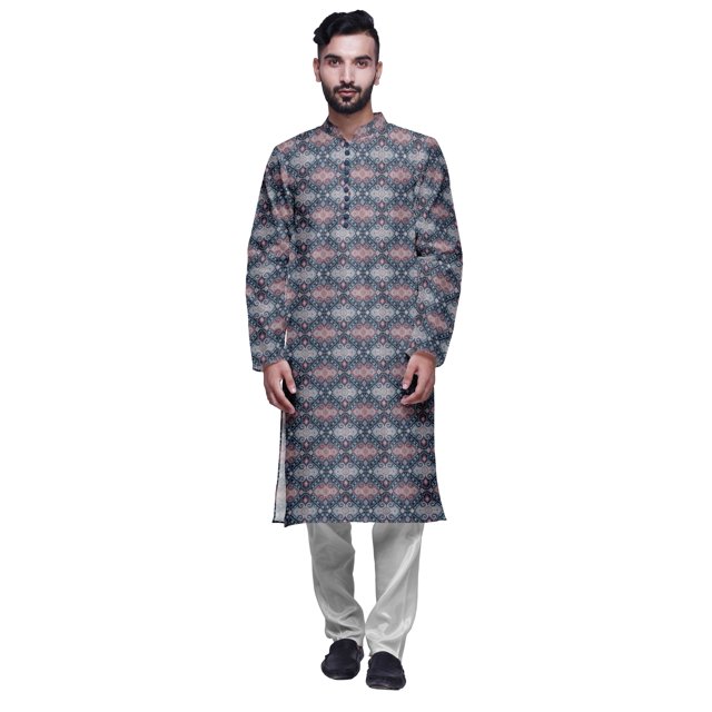 Atasi Kurta Imprimé pour Homme et Ensemble de Pyjama Churidar Blanc Col Mandarin Tenue Ethnique