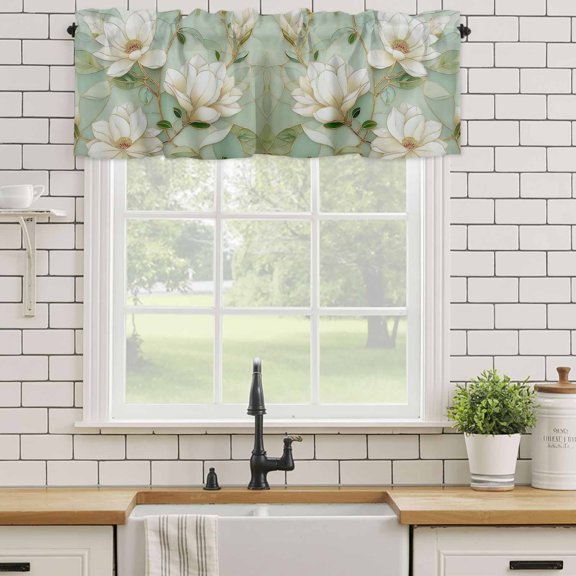 Curtain Valances for Kitchen Windows,Summer White Magnolia Flower Rod Pocket Valances Short Curtains Pastoral Floral Green Leaf Window Treatment for Living Room Bathroom Bedroom Decor,42x12in