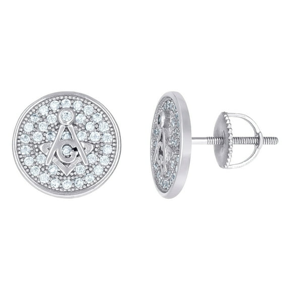 925 Sterling Silver Mens Cubic Zirconia Masonic Stud Earrings 12x12mm Wide Earring for Men