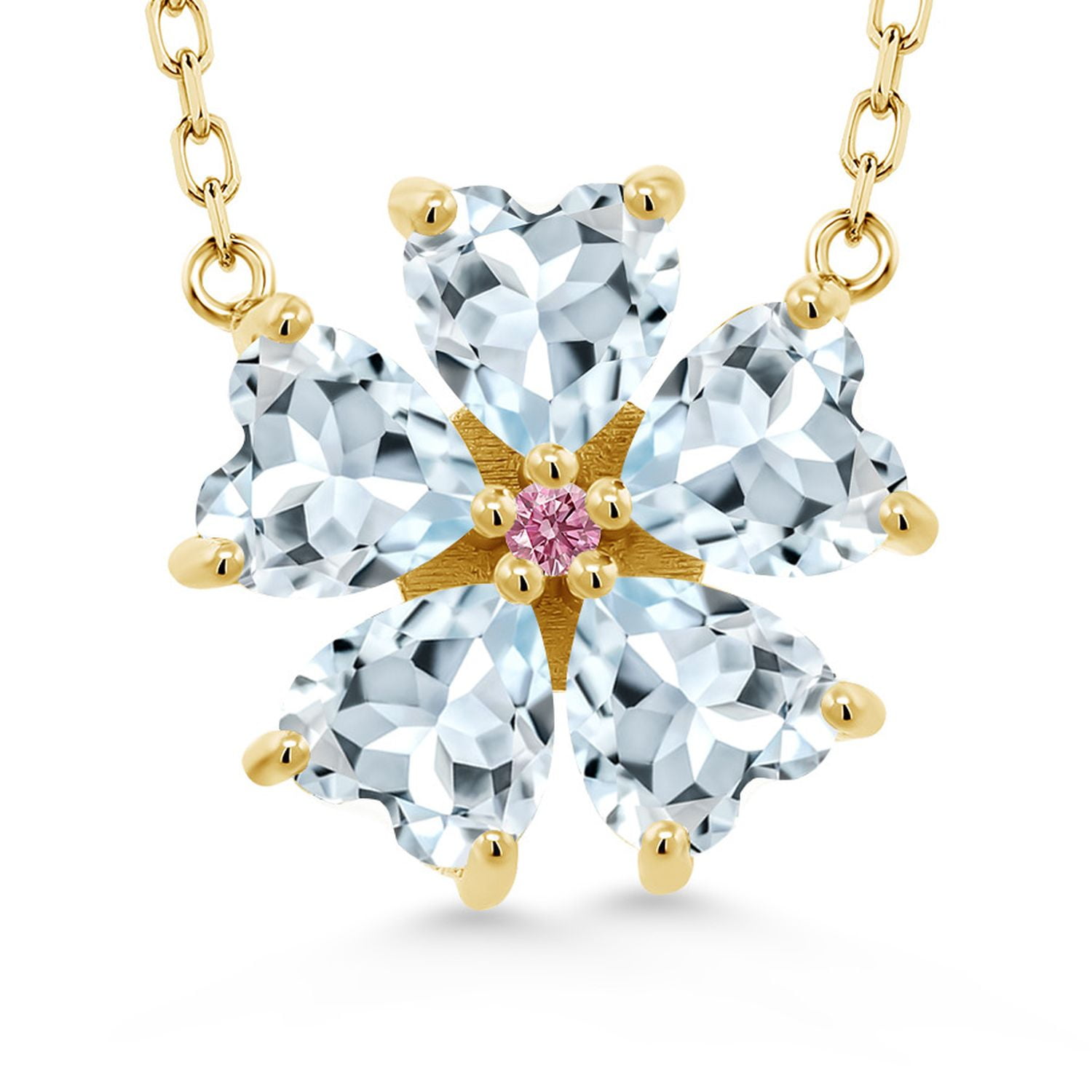 Gem Stone King 18K Yellow Gold Plated Silver Sky Blue Aquamarine and Pink Lab Grown Diamond Pendant Necklace for Women (3.69 Cttw, Heart Shape 6MM, with 18 inch Chain)