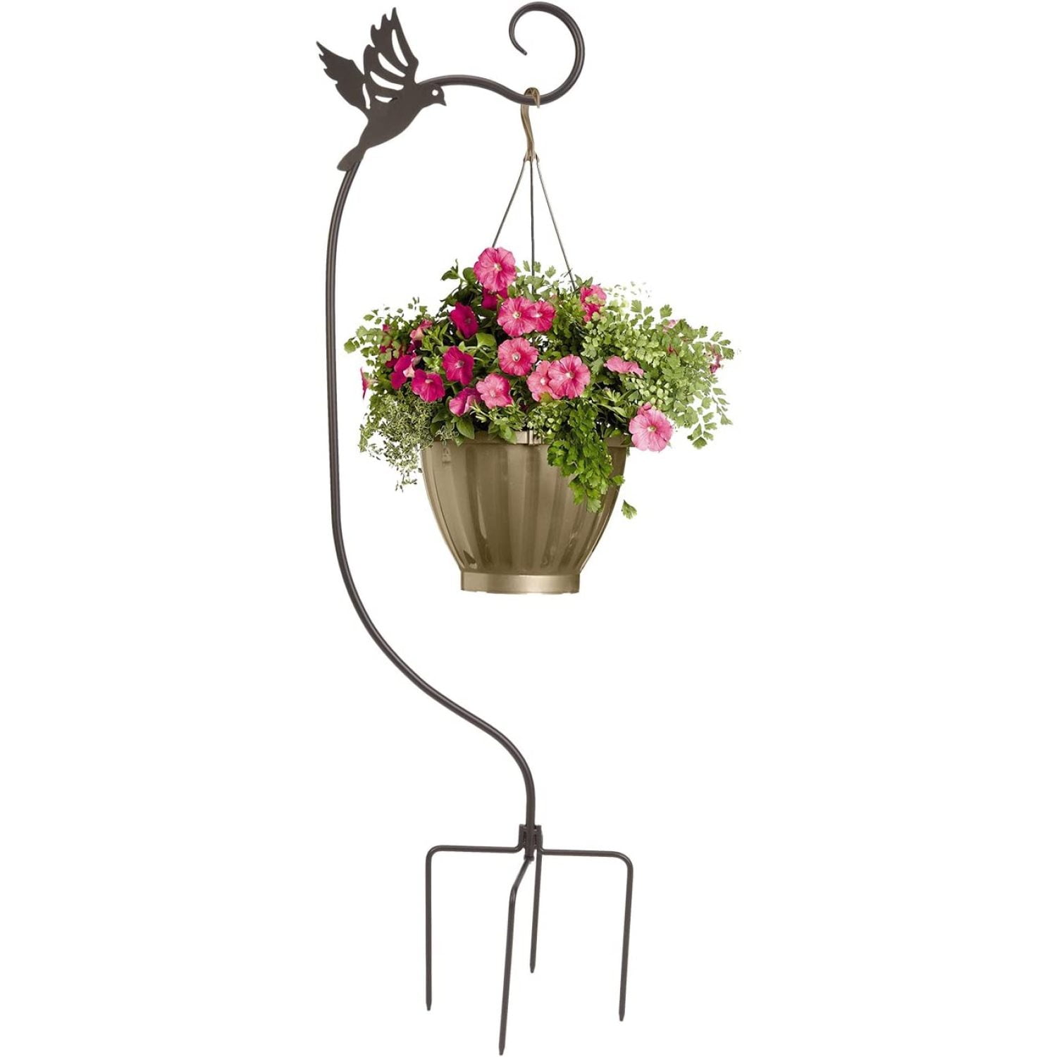 48" Bird Basket Hanger Stake, Black, Plant a hanging basket in the