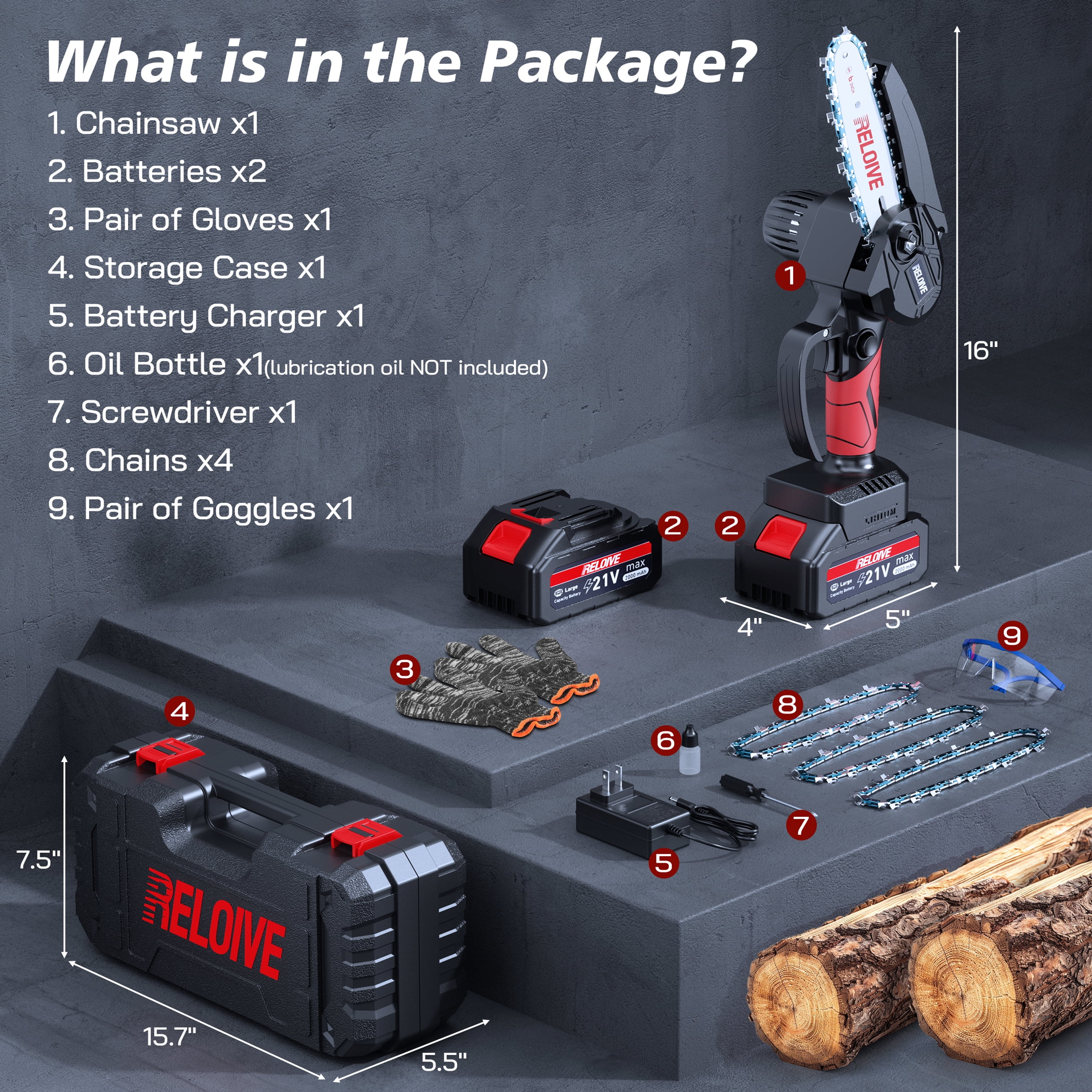 RELOIVE 6 in Mini Chainsaw with 2PCS 2.0 Ah Batteries 4 Chains,Cordless Small Handheld Chain Saw for Wood Cutting Tree Trimming