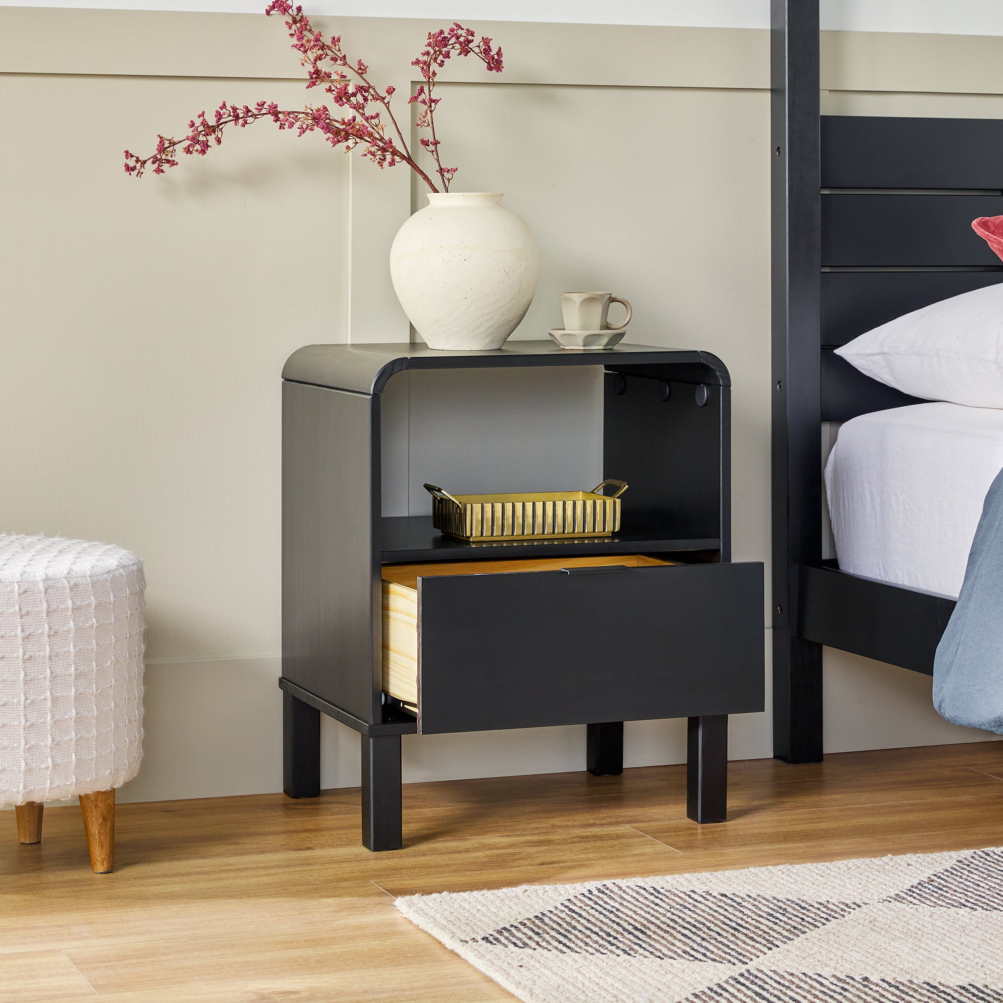Walker Edison Modern Curved-Frame Solid Wood Nightstand, 2 Pack, Black