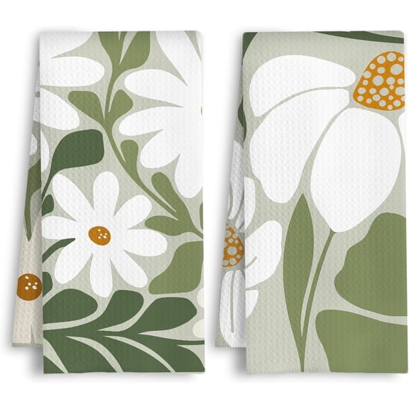 2PCS Sage Green and White Boho Daisy Floral Kitchen Towels, Abstract Modern Botanical Dish Tea Hand Towels for Kitchen Bathroom Decor, 16x24 Inch