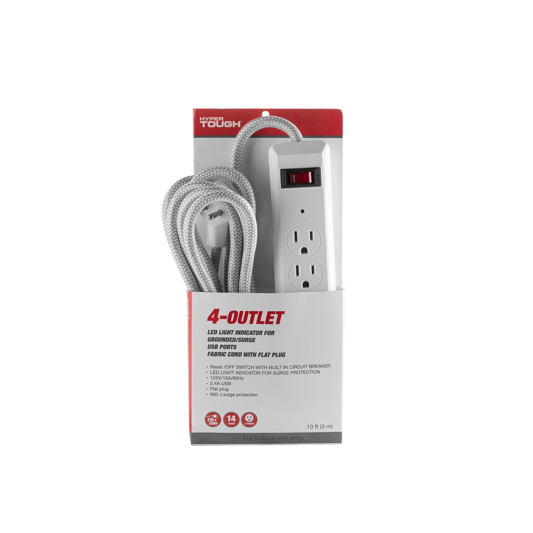 Hyper Tough 4 Outlet 10 ft Braid Cord White Color Surge Protector
