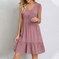 thumbnail image 2 of VBTAPA Womens Summer Dresses Sleeveless V Neck Mini Dresses Fashion Casual Flowy Tiered Dress Ruffle A Line Swing Sundress Pink L, 2 of 7