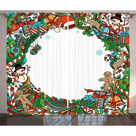 Kids Christmas Curtains 2 Panels Set, Big Collection of Holiday Symbols Xmas Tree for Fun Party Seasonal Framework, Window Drapes for Living Room Bedroom, 108W X 84L Inches, Multicolor, by
