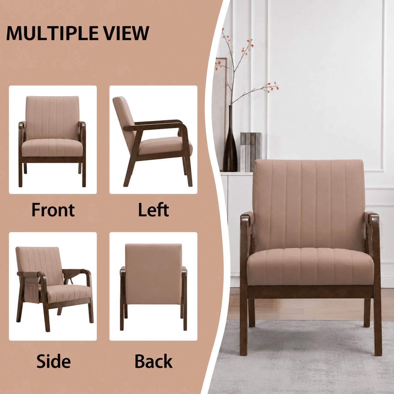 MOONMISS PU Leather Accent Chair,Mid-Century Modern Wood Frame Arm Chair with Side Pocket Cushioned Sofa,Dusty Pink