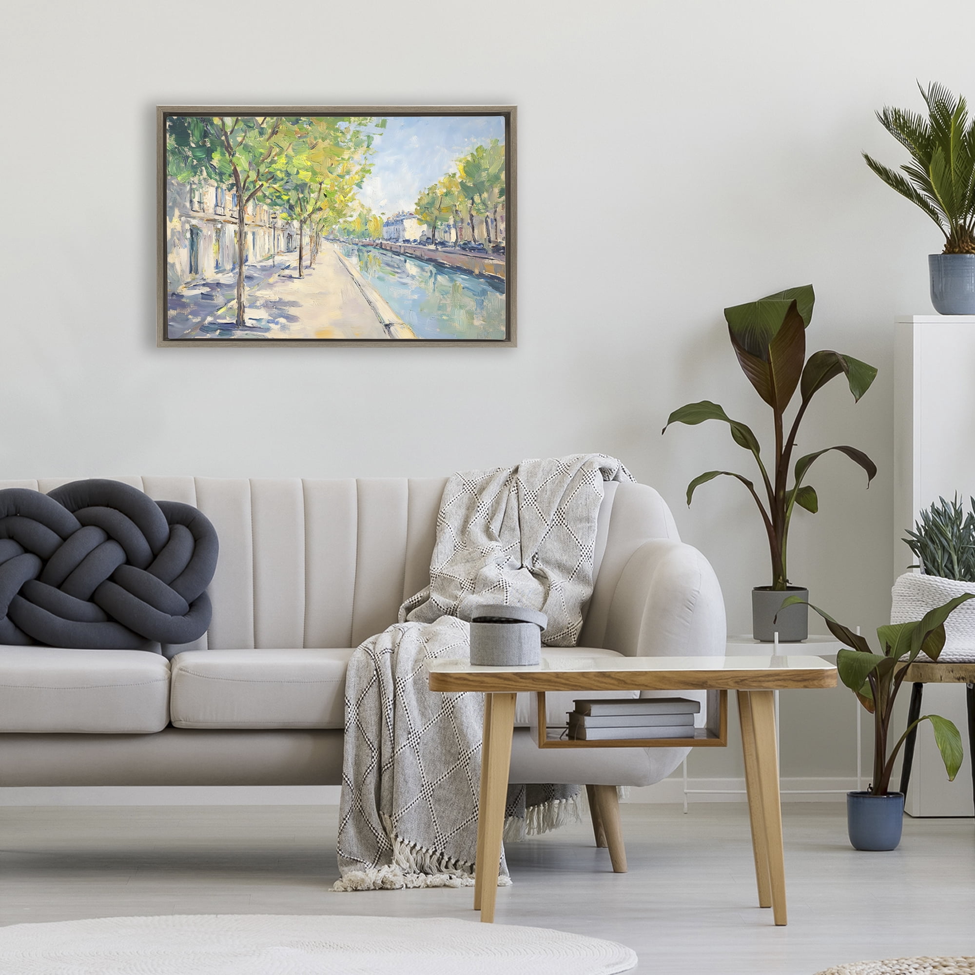 Stupell Industries Montrouge Canal Promenade Brown Framed Floater Canvas Wall Art, design by Creative Studio