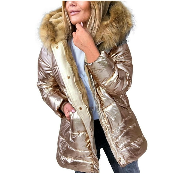 XPMWRP Women's Sequin Thicken Fleece Lined Hooded Jacket Long Sleeve Solid Color Casual Zipper Coats Waterproof Winter Trendy Clothes with Pockets Gold XXXXL