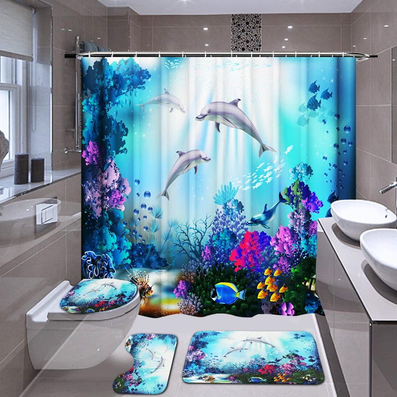 Dolphin Printing Bathroom Bath Shower Curtain Toilet Cover Mat Non-Slip Rug 