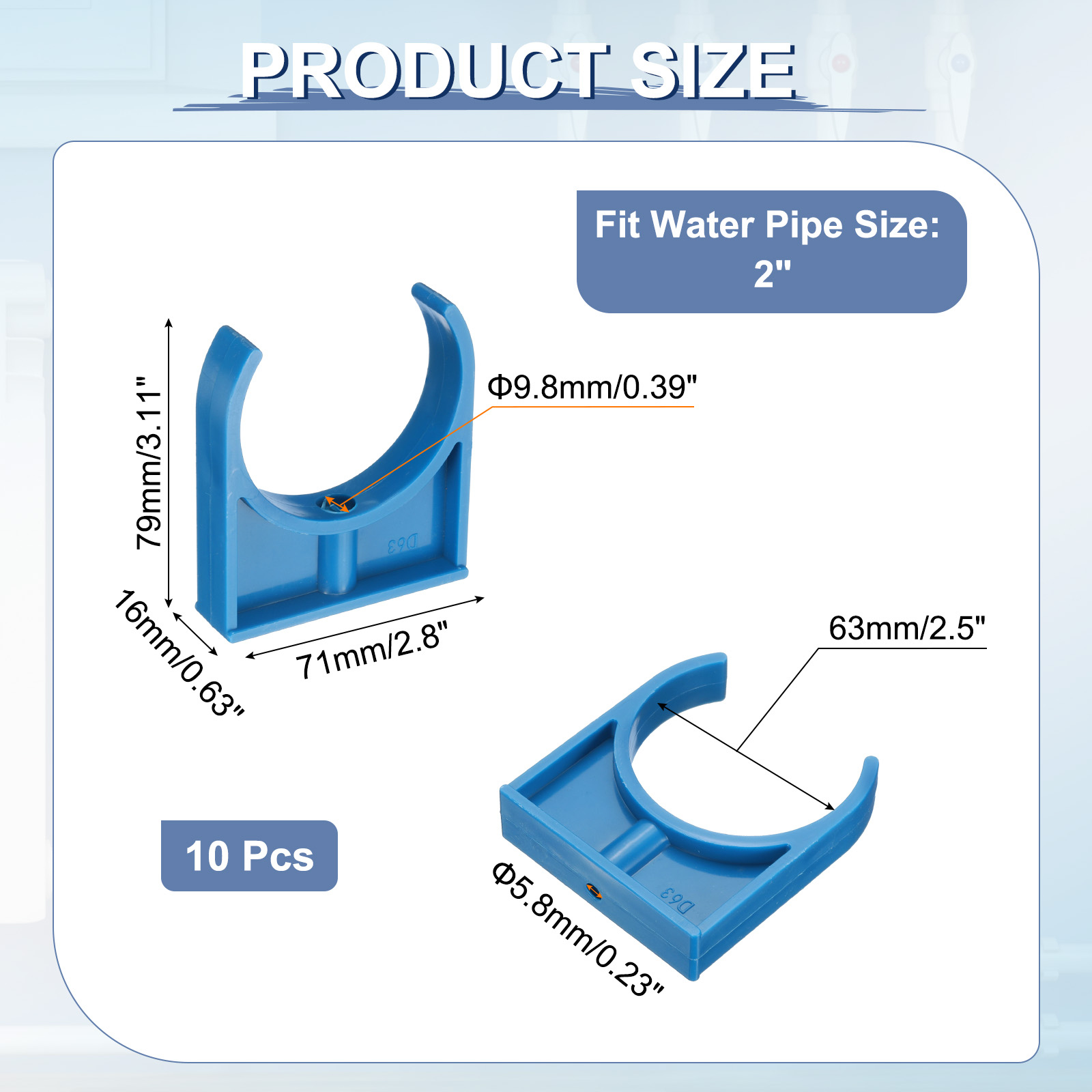 10Pcs Water Pipe Clamps Clips, U-Shaped Water Pipe Buckles Pipe Tubing Clamps for 2.5" OD TV Trays Pipe Tubing Hose Hanger Support Tubing, Blue