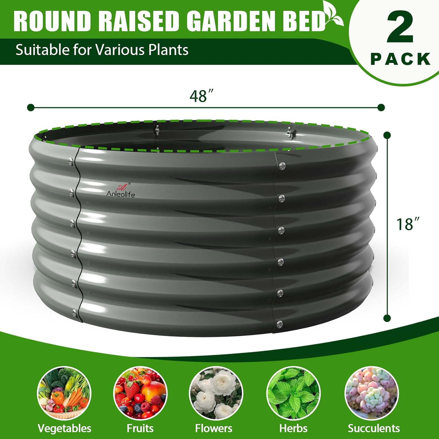 ANLEOLIFE 2-Pack 4ft x 18” Tall Galvanized Raised Garden Beds Outdoor, Round Metal Planter Box for Planting Vegetables Flowers Herb, Anti-Rust, Quartz Grey