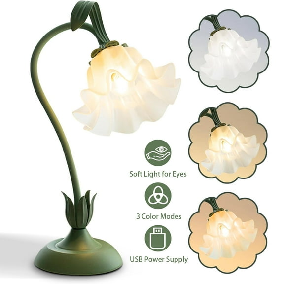 Vintage Flower Table Lamp, 3 Color Temperature Cute Flower Bedside Lamp with 26E Bulb, Gooseneck Nightstand Lamp for Bedroom Living Room Office Reading Decor, Green