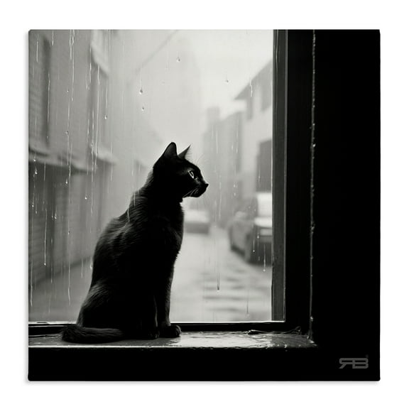 Stupell Industries Cat Gazing Rainy Window Animals & Insects Painting Gallery Wrapped Canvas Art Print Wall Art, 17 x 17