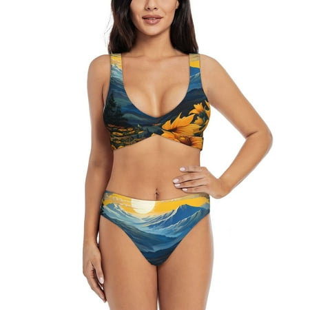 Zeuib Elegant Sunset Sunflower High Waisted Tummy Control Bikini Set - Knot Front Push Up Top & Cheeky Thong Bottom  Two-Piece Swimsuit for Women-X-Large