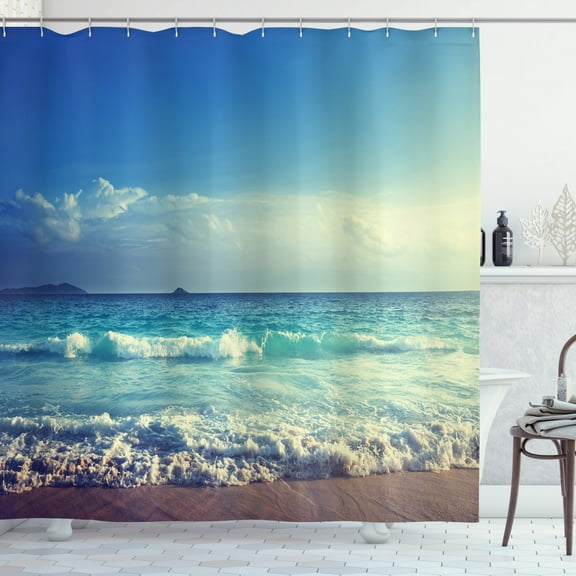 Ocean Decor Shower Curtain Set, Tropical Island Paradise Beach At Sunset Time With Waves And The Misty Sea Image, Bathroom Accessories, 69W X 70L Inches, By Ambesonne