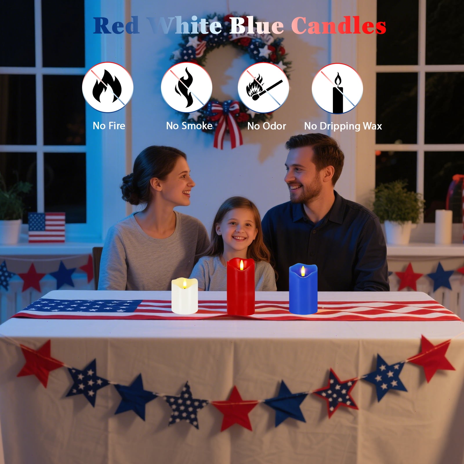 4th of July Flameless Candles, Set of 3 Patriotic LED Candles with Remote & Timer, Flickering Electric Pillar Candles Battery Operated, Red White Blue Candles for Home Independence Day Decor