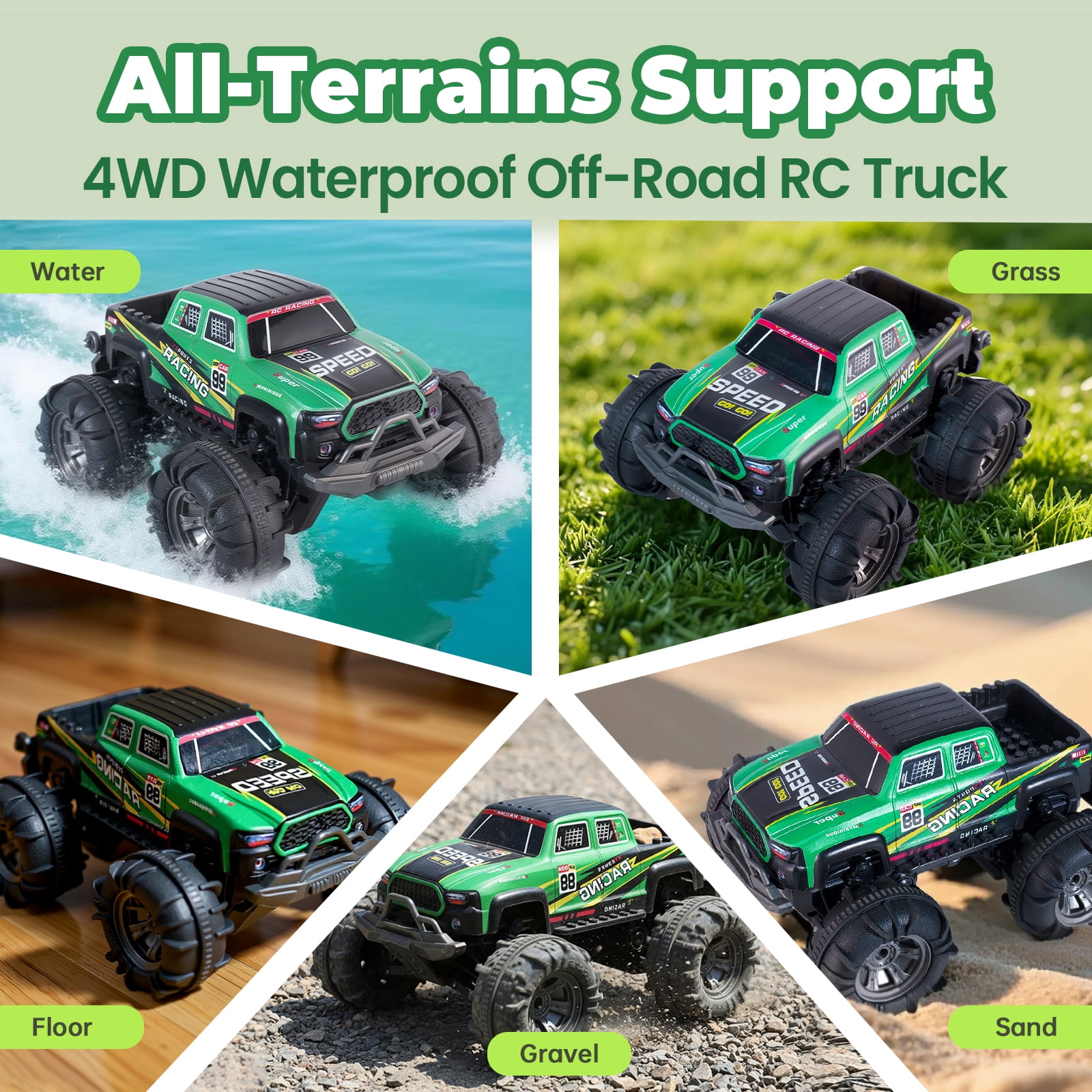 Glee Max Amphibious Remote Control Car, 4WD 2.4GHz RC Monster Truck with Lights,  Toy Gifts for Children, Green