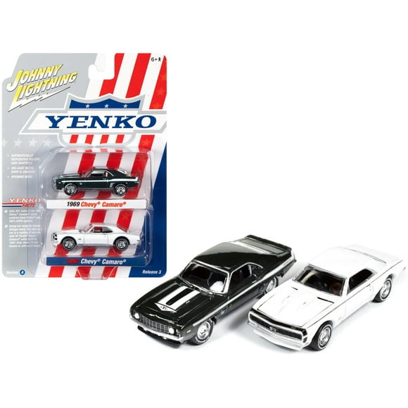 1969 Chevrolet Camaro Fathom Green Metallic with White Stripes and 1967 Chevrolet Camaro White with Black Nose Stripe ""Yenko"" Series Set of 2 Cars 1/64 Diecast Model Cars by Johnny Lightning
