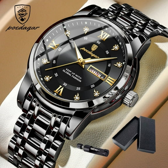 POEDAGAR Men's Watch Elegant Date Week Waterproof Luminous Quartz Stainless Steel Sports