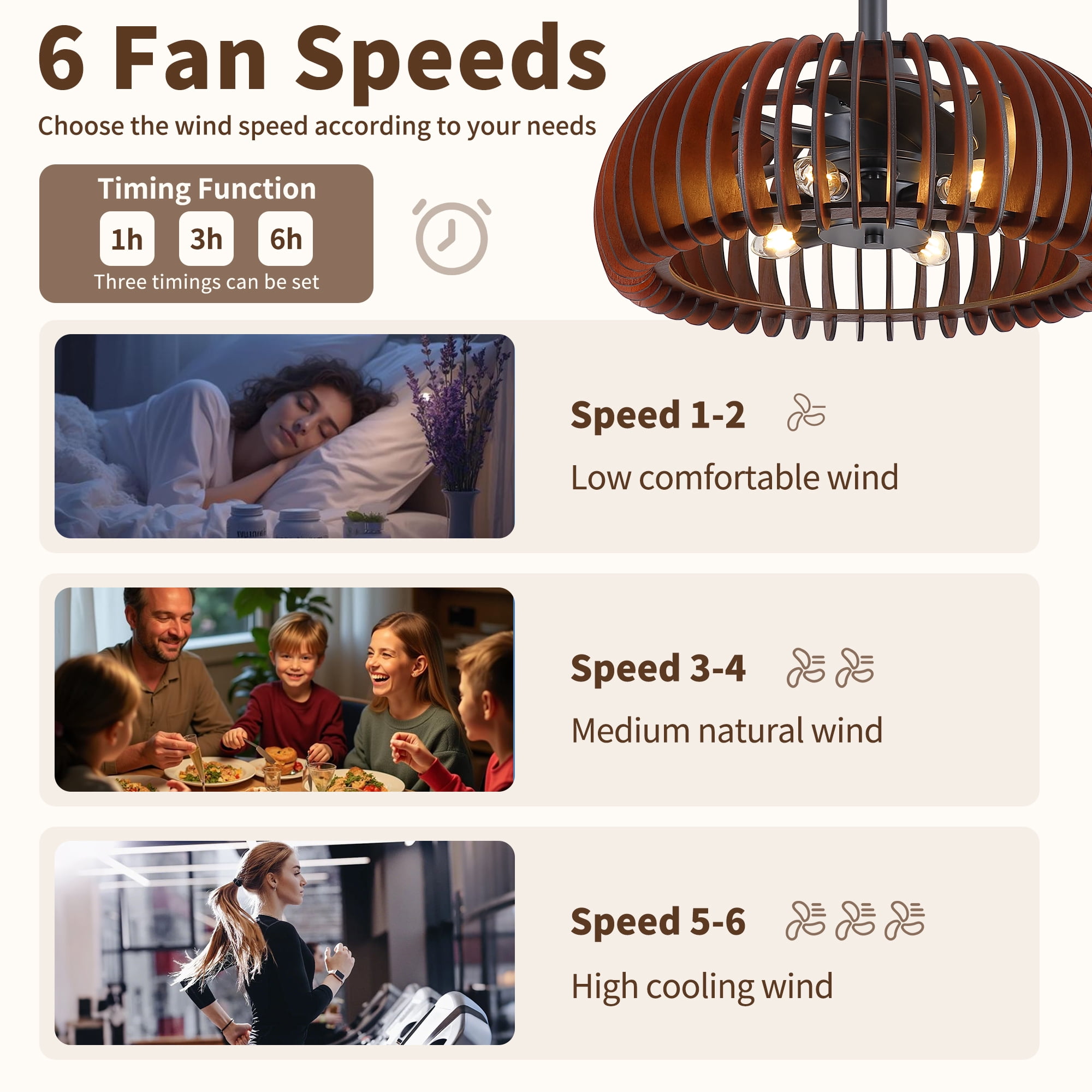 Leumius 20" Pumpkin Wood Ceiling Fan, Rustic Farmhouse Plywood Fandelier with 6 E12 Sockets, Reversible DC Motor, Adjustable Hanging, 6 Speeds Remote Control Ceiling Fan for Dining Room Kitchen