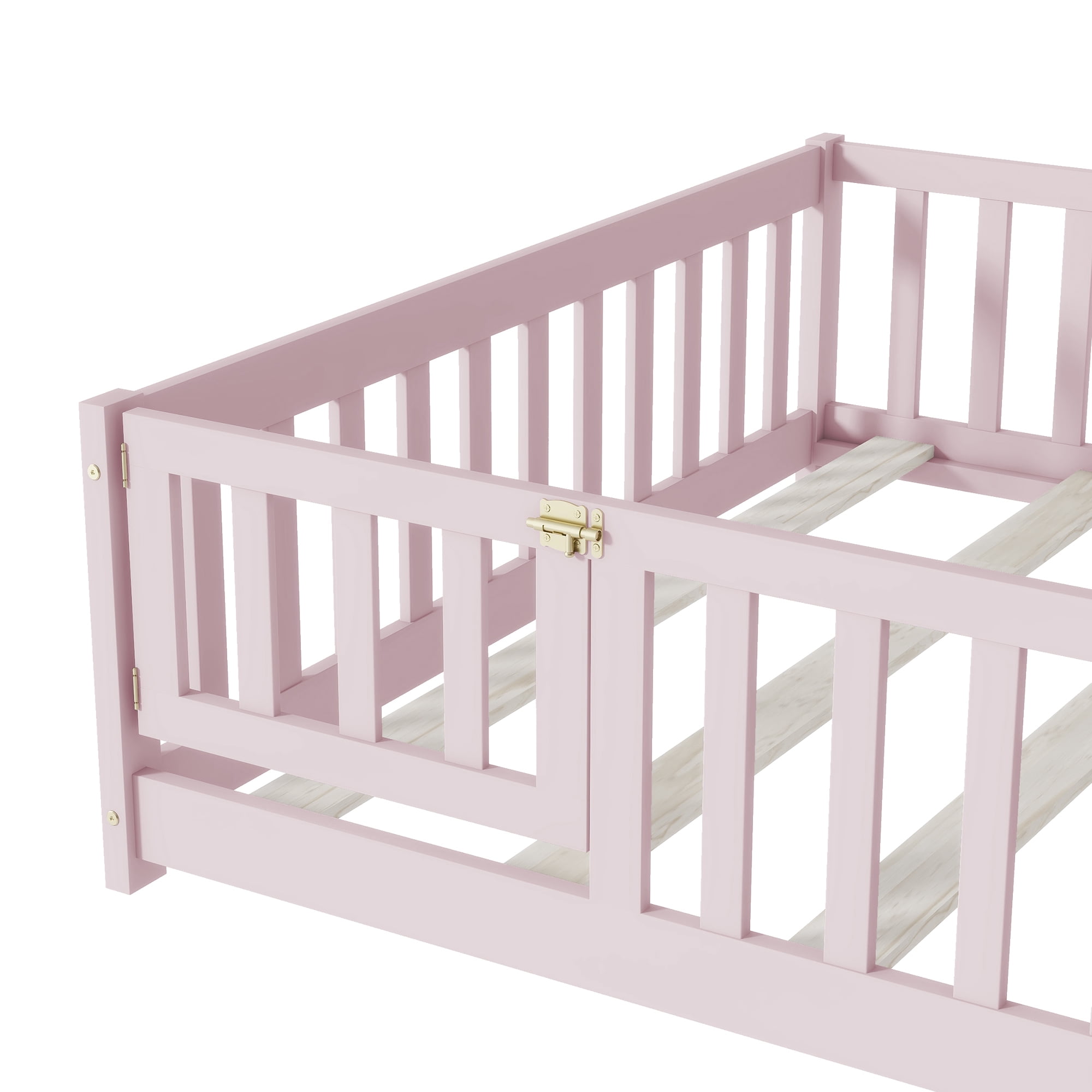 Alvantor Full Size Montessori Floor Bed for Kids with Door and Fence, Rubber Wood Toddler Platform Bed Frame, No Box Spring Needed, Pink