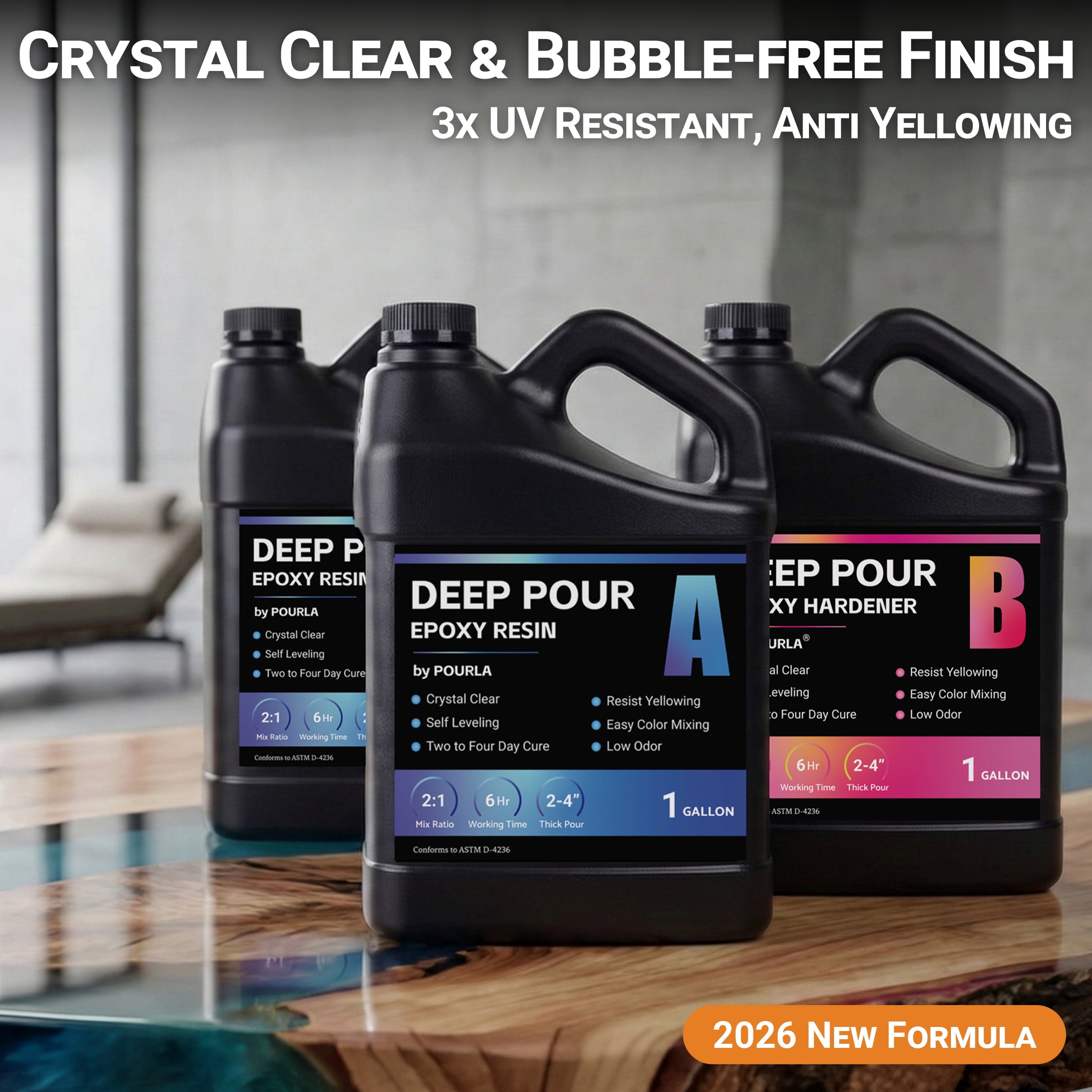 Deep Pour Epoxy Resin 1.5 Gallon, 2 to 4 Inch Pour Depth, Bubble Free, Low Viscosity, Heat Resistant Epoxy Resin for River Table, Carbon Fiber, and Crafts