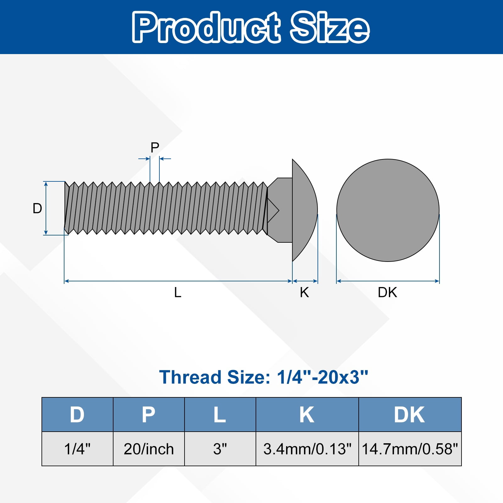 Uxcell 50Pack 1/4"-20x3" Carbon Steel Carriage Bolts Round Head Square Neck, Silver
