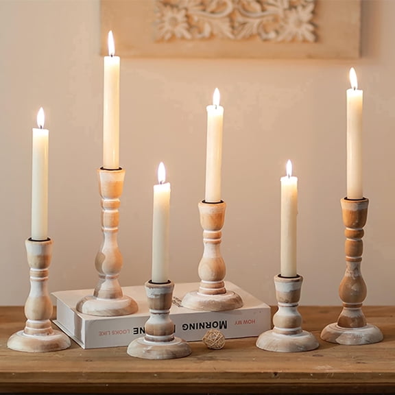 NUPTIO Farmhouse Candle Holders: Set of 6 Wooden Candlestick Candle Holder Table Centerpiece Mantel Decor