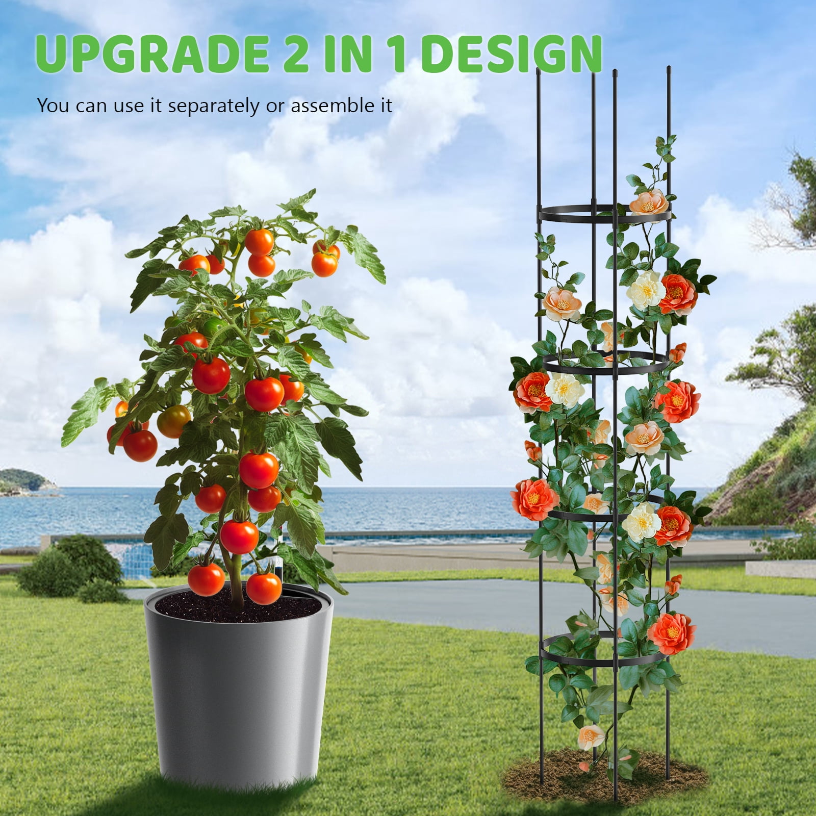 MOPHOTO Self Watering Tomato Planter with Trellis, Large Flower Pot with Water Level Monitor, Round Garden Planters Plant Pots for Outdoor & Indoor Plants Flowers Decor