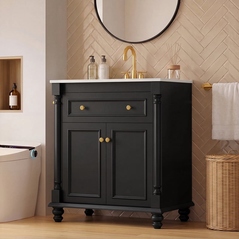 Lacoo 30'' Freestanding Bathroom Vanity with Integrated Ceramic Sink, Traditional Bathroom Storage Cabinet with Flip Drawer, Double Doors & Side Towel Bar, Black