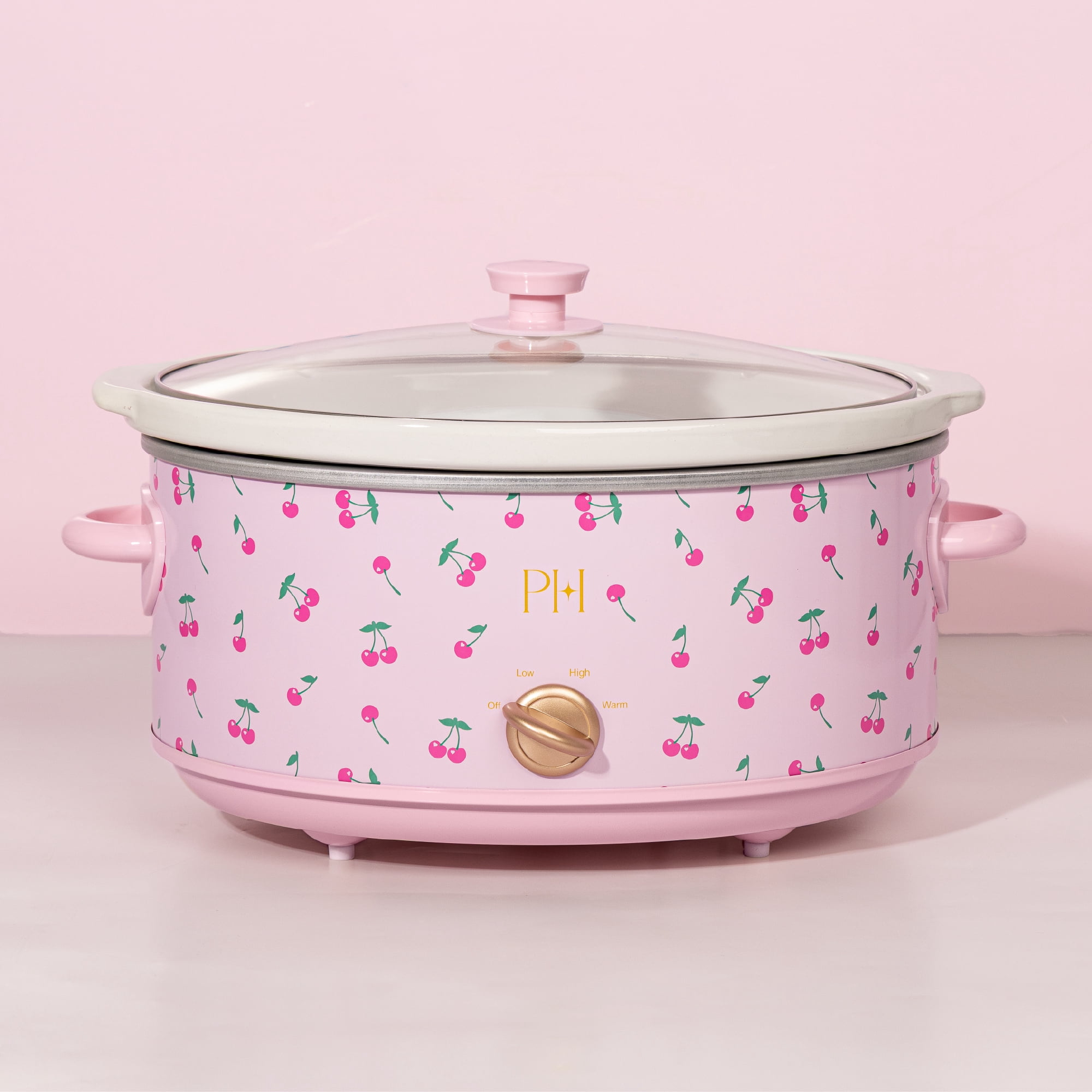 Paris Hilton 7-Quart Manual Slow Cooker with Removable Stoneware Pot and Tempered Glass Lid, 3 Heat Settings, Cherry Design, Pink