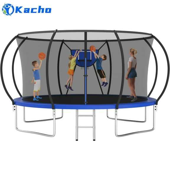 Kacho Trampoline for Kids and Adults, 12FT 1200LBS Trampoline with Enclosure Net, Basketball Hoop, Ladder, 2 Ball, Heavy Duty Trampoline No Gap Design, Backyard Outdoor Recreational 12FT Trampoline