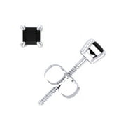 JEWELWESELL 0.2Ct Princess Cut Black Diamond Basket Stud Earrings 14k White Gold 4Prong AA Quality