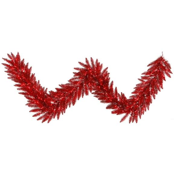 Vickerman 9' Tinsel Red Artificial Christmas Garland, Red Dura-Lit LED lights.