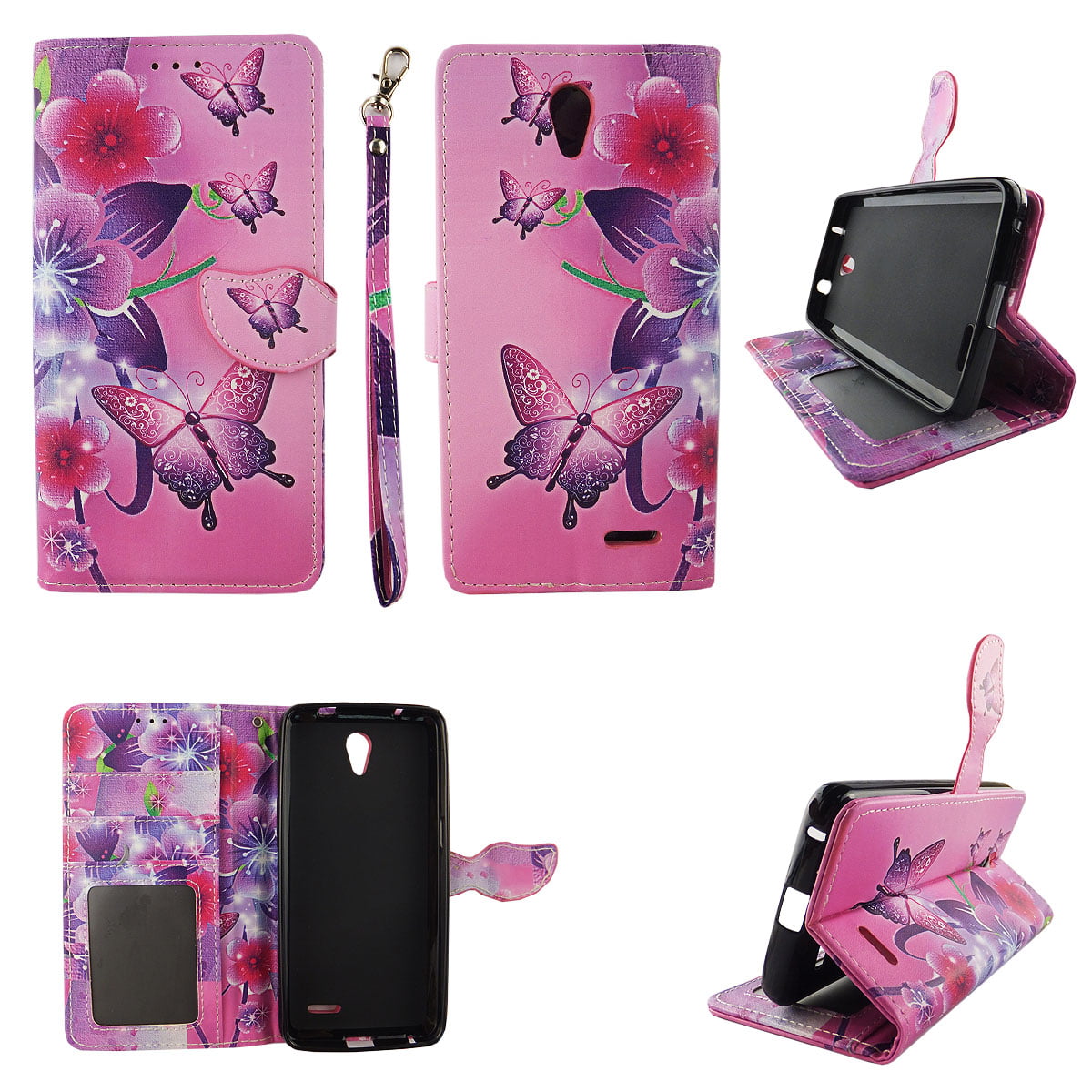 Butterfly Flower Pink Wallet Folio Case for ZTE Prestige Z9132 Avid Plus  Z828 Fashion Flip PU Leather Cover Card Cash Slots & Stand