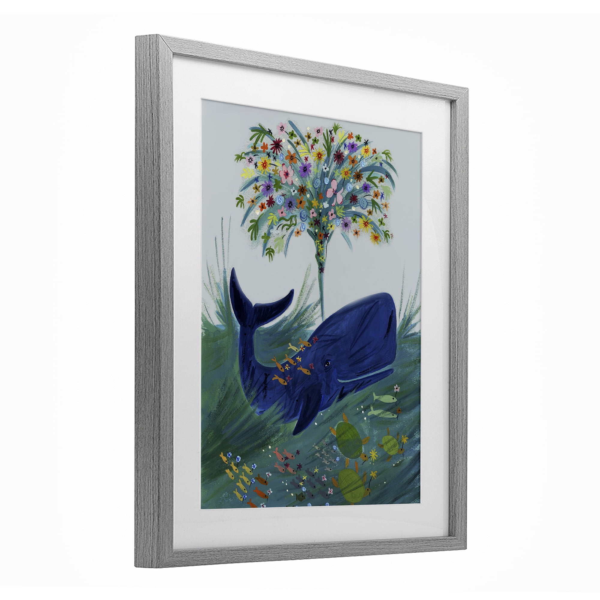 Stupell Industries A Flowery Whale Gray Framed Print Under Glass, design by Kay Widdowson