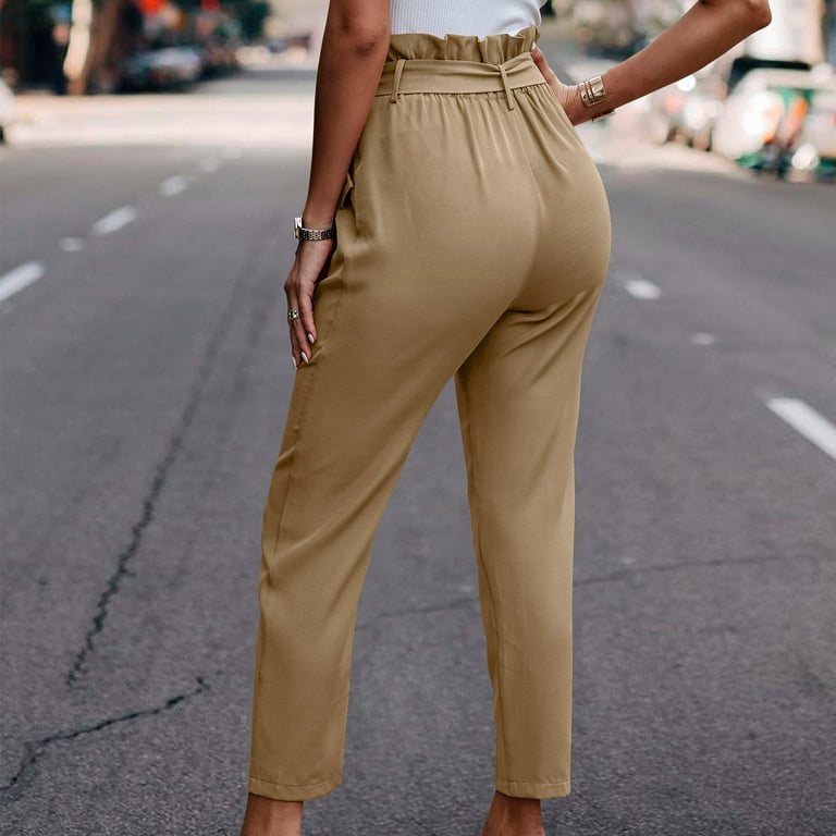 fartey Lightning Deals of Today Wide Leg Pants for Women 2023 High Paperbag  Waist Solid Color Slim Trousers with Waist Tie Pockets Lounge Vacation