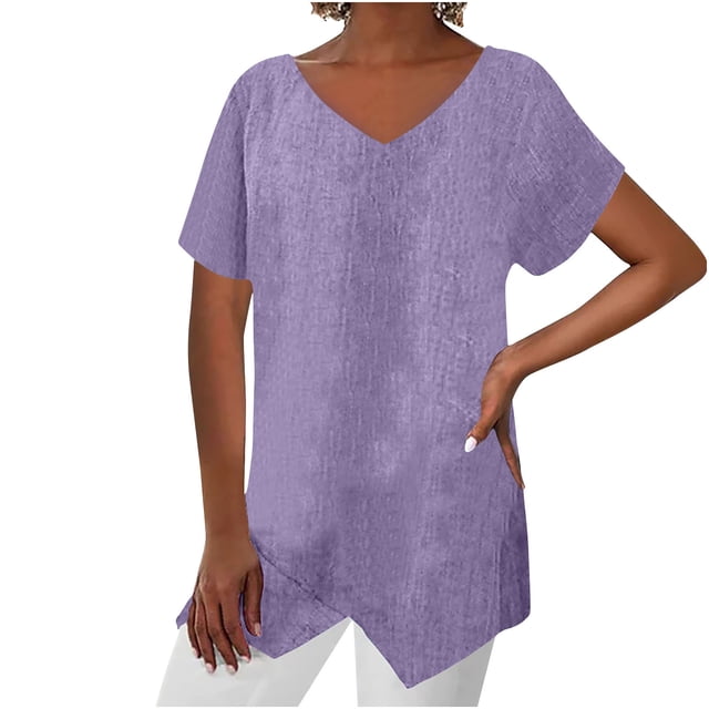 Timegard Tops for Women Cotton Linen V Neck Short Sleeve Irregularly Tee Casual Solid Color Lightweight