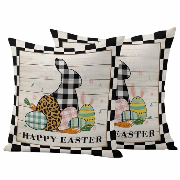 Outdoor Waterproof Pillow Covers Easter Black Plaid Bunny and Colorful Eggs Decorative Throw Pillow Protectors,Pillowcase Cushion Cases for Patio Sofa Garden Couch,16x16in,Pack of 2