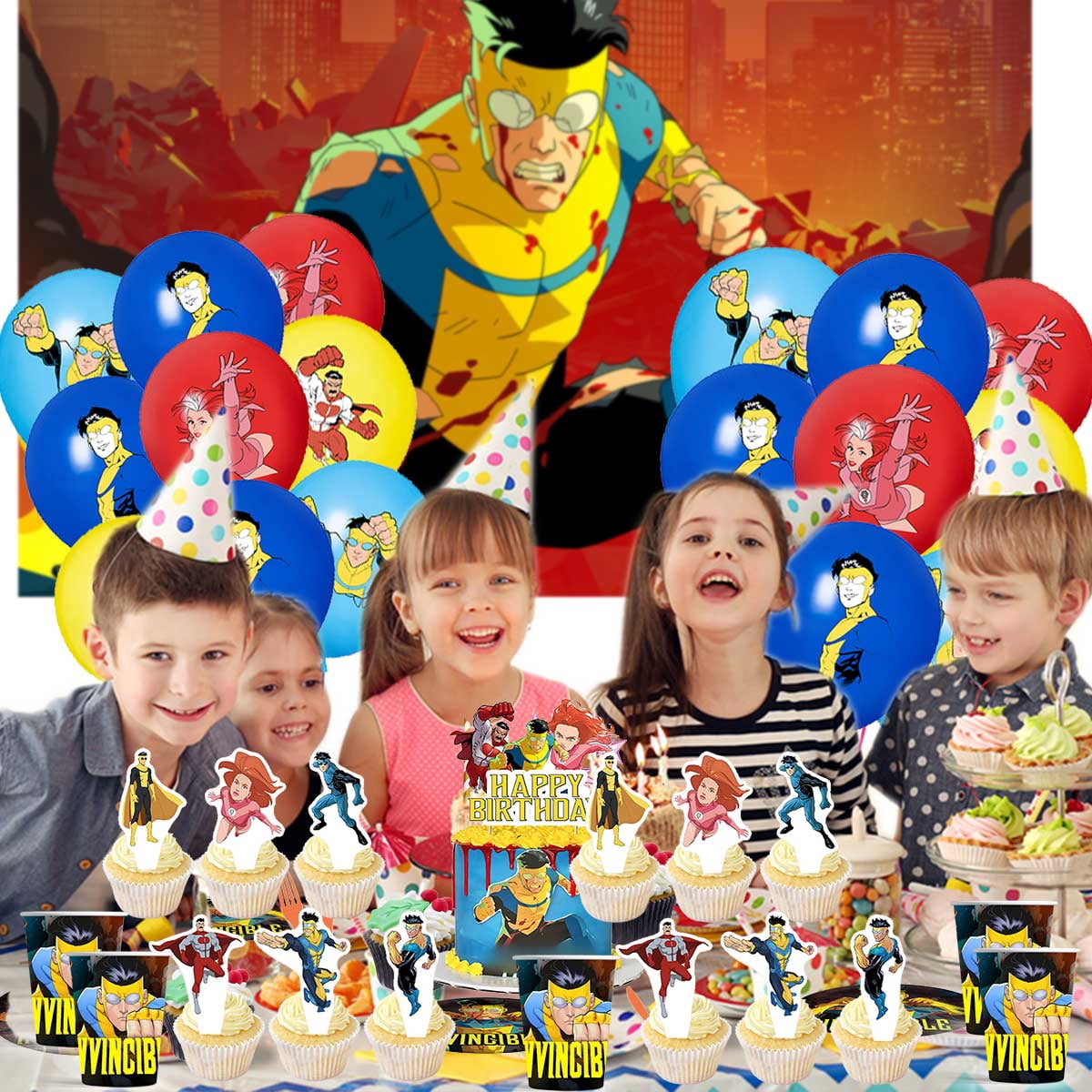Invincible Birthday Party Supplies Balloons Paper Plates Decoration Cake Topper Decor Tableware Banner Backdrop