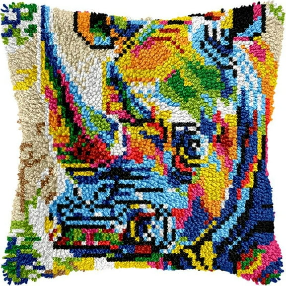 Rhinoceros Latch Hook Kits Pillow DIY Rug Crochet Hook Cushion Making Kits Printed Pattern Canvas Pillowcase Hooking Kits Pillow Cover Crochet Kits 43x43cm(fs183)