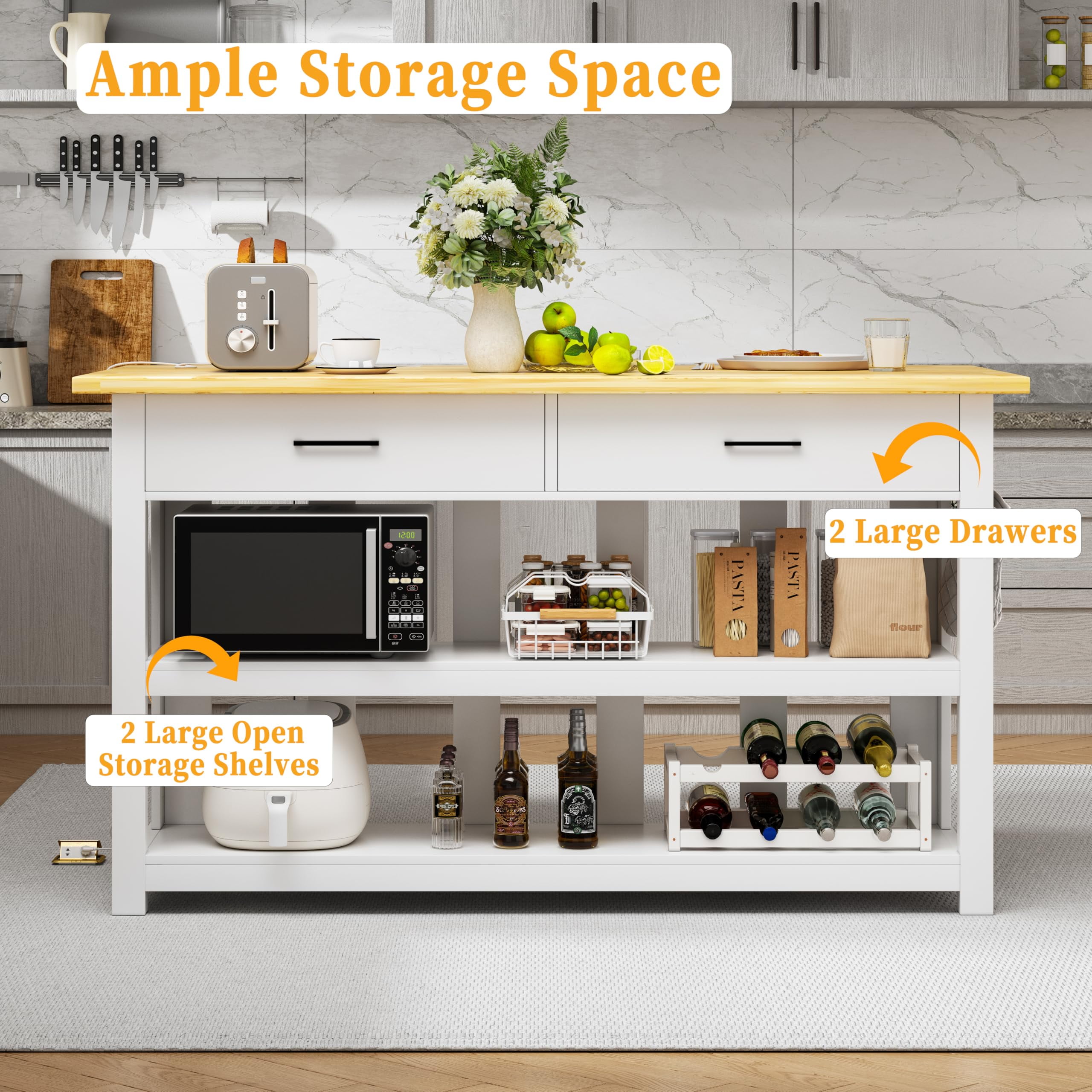 ChicZhiNest Kitchen Island with Storage, 47.3" Solid Rubberwood Top Kitchen Island with Power Outlet and 6 Hooks, White