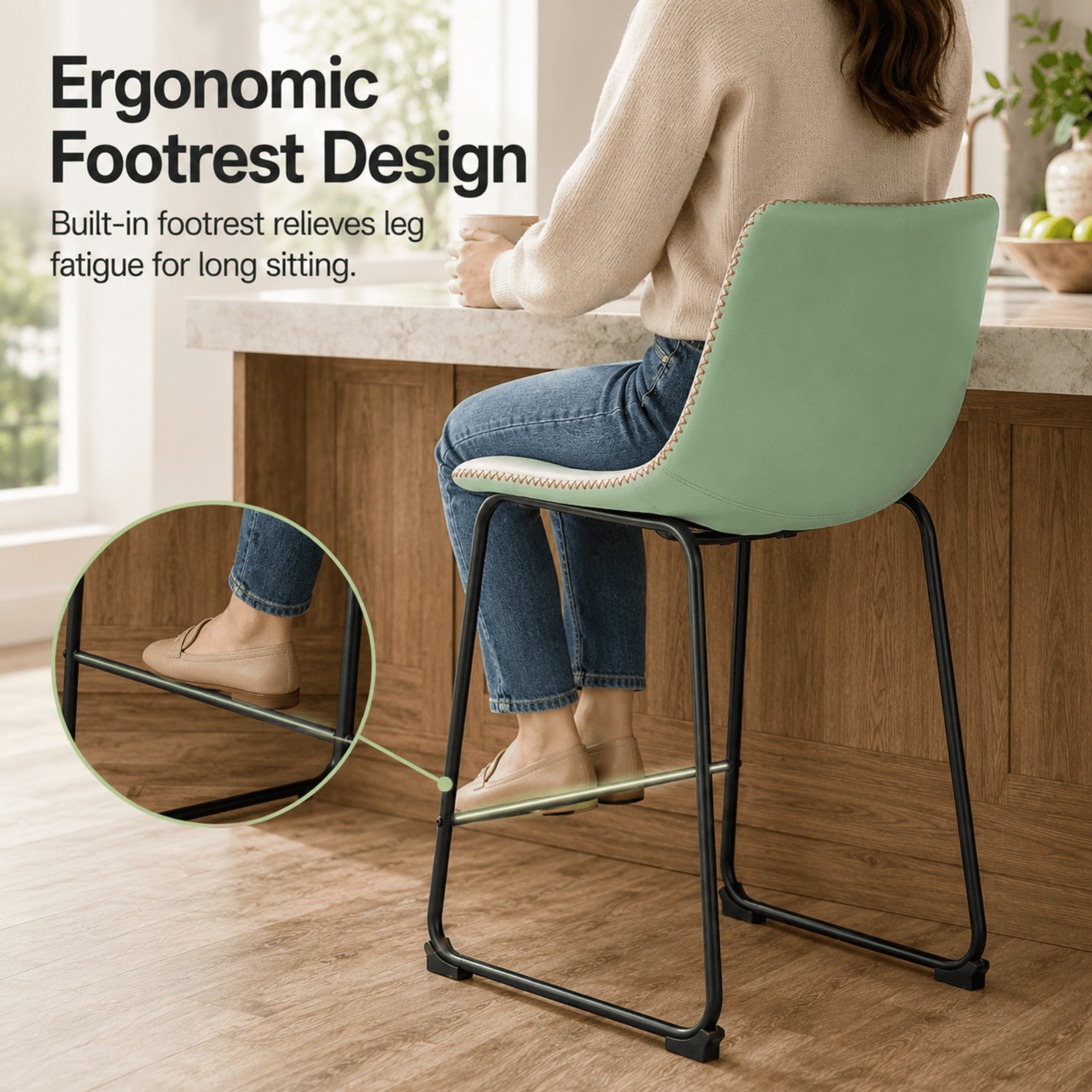 Alvantor 26 Inch Counter Height Bar Stools Set of 2, Armless Industrial Faux Leather Barstools with High Back and Metal Legs, Upholstered Comfortable Bar Chairs with Footrest