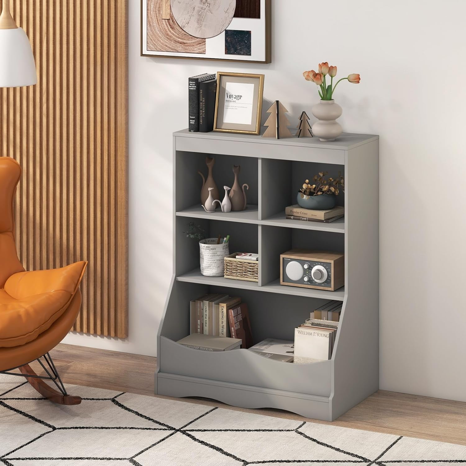 LINJH Storage Cabinet, Small Bookshelf, Short Bookcase with 4 Open Cube & Bottom Compartment, Anti-Tipping Device, Foot Pads, Cubby Storage Organizer for Study, Living Room-Grey