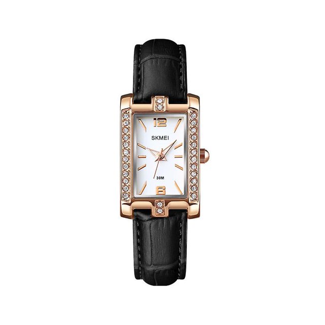 Reloj rectangular para mujer con bisel decorado con cristales Reloj de pulsera clásico con forma de tanque cuadrado y esfera transparente de aspecto elegante (negro - cuero)