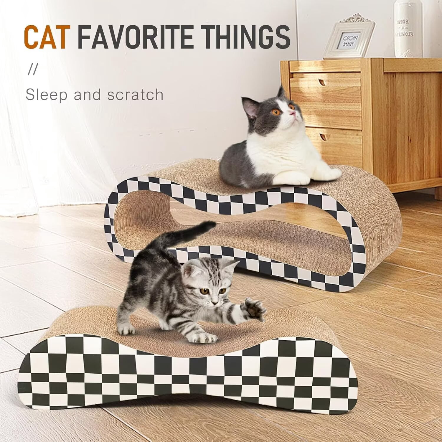 QUIOCOZY 2-in-1 Cat Scratcher Lounge, Large Cardboard Scratch Board Bed for Indoor Cats, Reversible Cat Scratching Pad, 27.56 x 9.45 x 8.86 in, Checkerboard